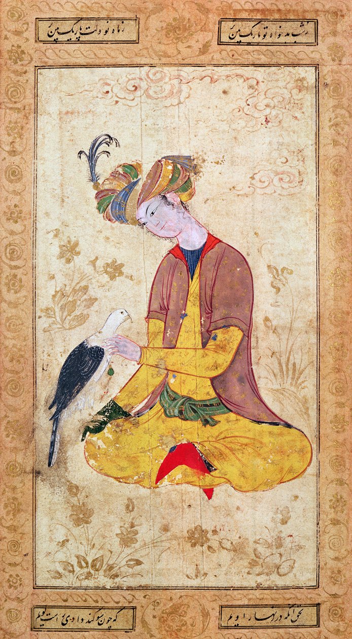 Un chasseur caressant son faucon - Persian School