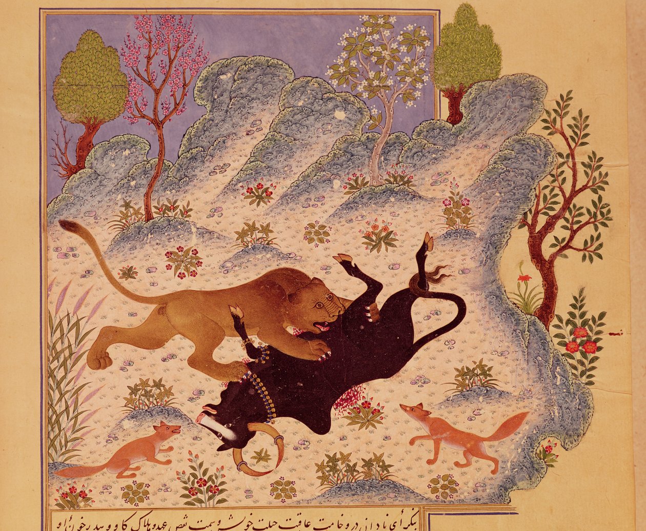 Un lion attaquant et tuant un taureau, d
