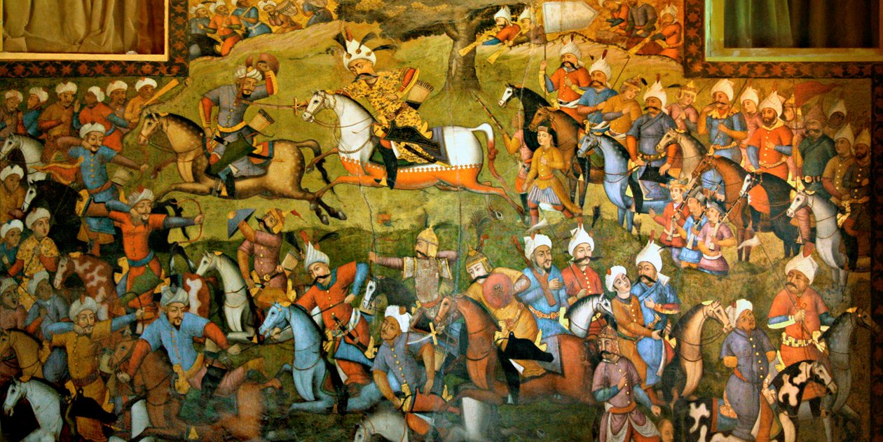 Bataille de Taher-Abad ou Bataille de Merv avec la victoire de Shah Ismail I sur Muhammad Shaybani Khan, Salle de Réception, Chehel Sotun, 1647 - Persian School