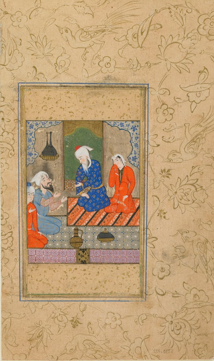 Folio du Yusuf u Zulaykha de Jami; Zulaykha et un vieil homme écoutent une conversation, peut-être Mashhad, Iran, c.1560-70 - Persian School