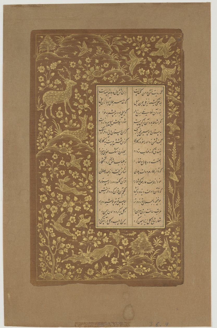 Lièvres, cerfs et oiseaux dans un paysage, folio d