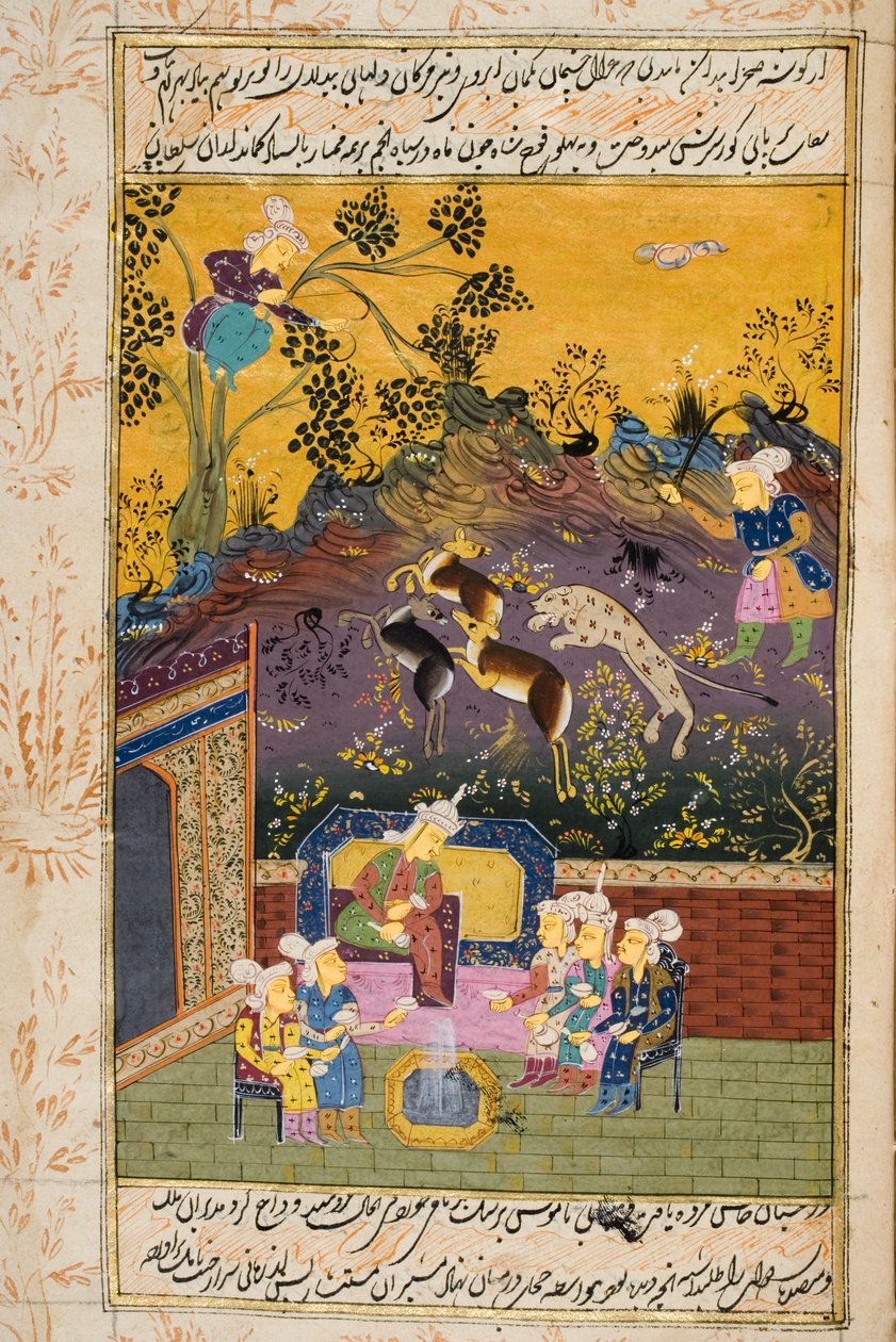 Chasseurs et favoris buvant avec un noble ou un roi - Persian School