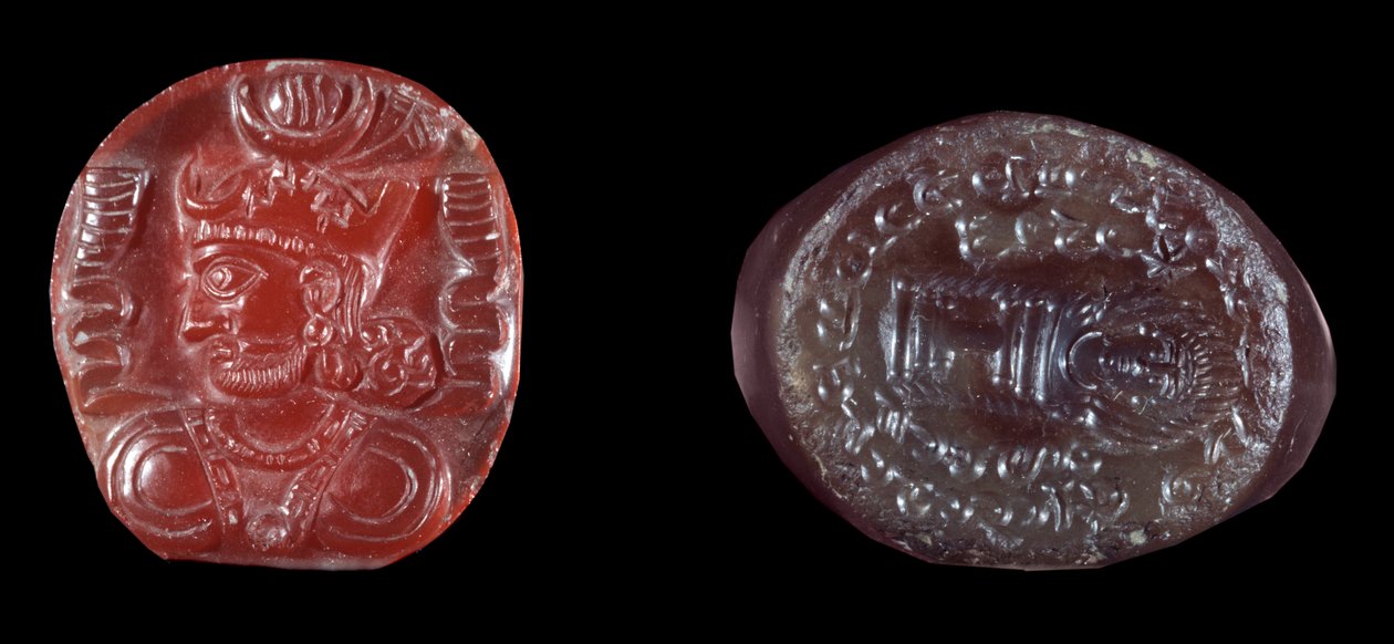 Art persan : camée de Kavadh I (ou Qobad, Kobad, Kabad) (488-496 apr. J.-C.) roi du deuxième empire perse et sceau en agate de la période sassanide. 5ème ou 6ème siècle apr. J.-C. Paris, B.N. - Persian School