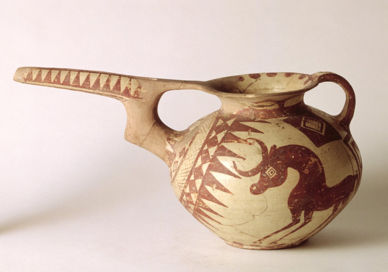 Vase à bec verseur avec des motifs décoratifs symbolisant le soleil et la lune, de Sialk, Iran, Ier millénaire av. J.-C. - Persian School