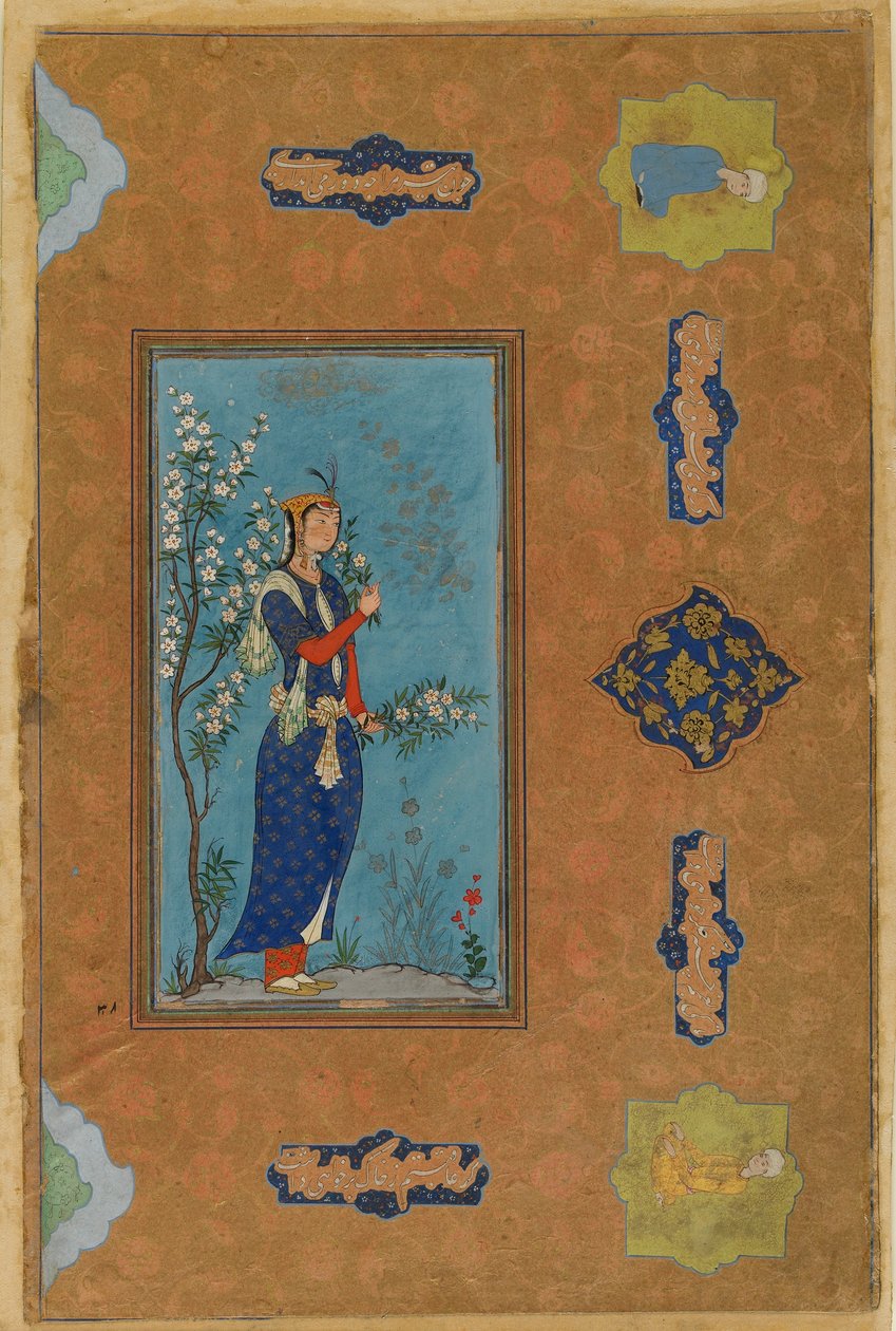 Femme avec une branche de fleurs, période Safavide, vers 1575 - Persian School
