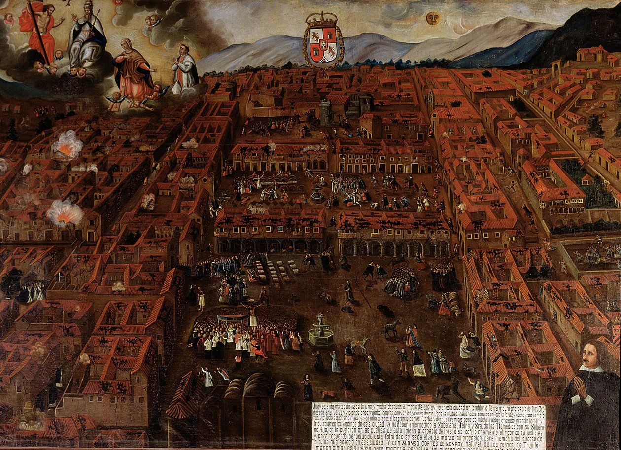 Vue de Cuzco au moment du tremblement de terre de 1650 - Peruvian School