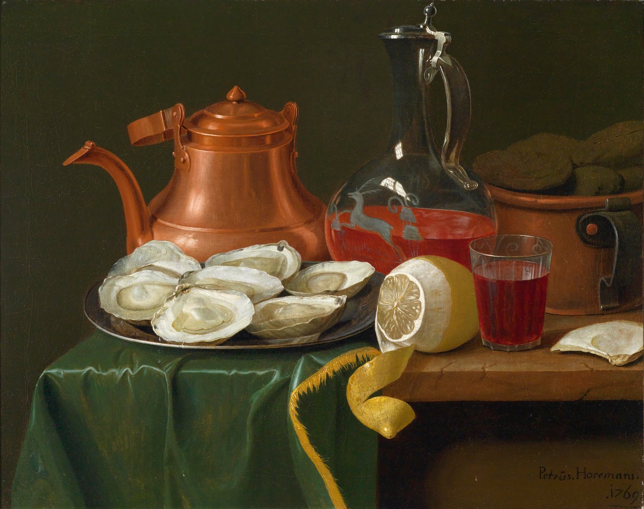 Nature morte avec huîtres, un citron, une carafe de vin et une cruche en cuivre - Peter Jacob Horemans