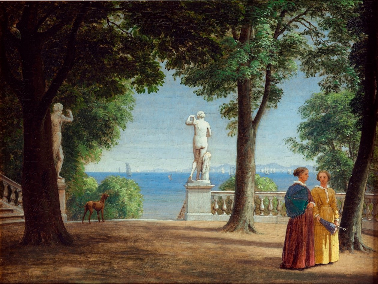 Vue vers Kullen depuis une terrasse de jardin avec statues - Peter Christian Skovgaard