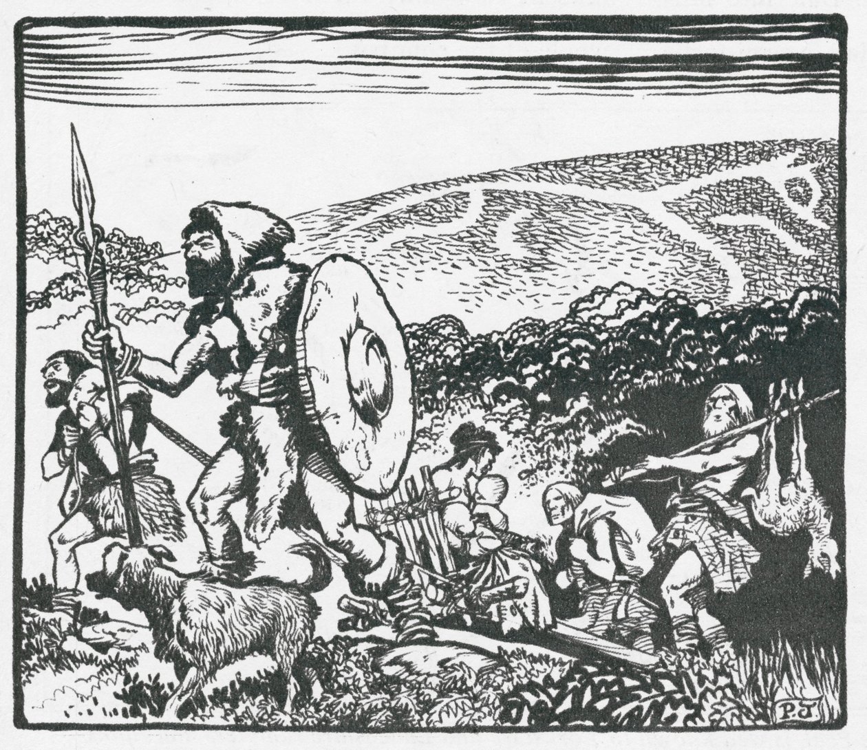 Anciens Britanniques foulant le Ridgeway - le cheval blanc pourrait avoir été fabriqué par eux (lithographie) - Peter Jackson