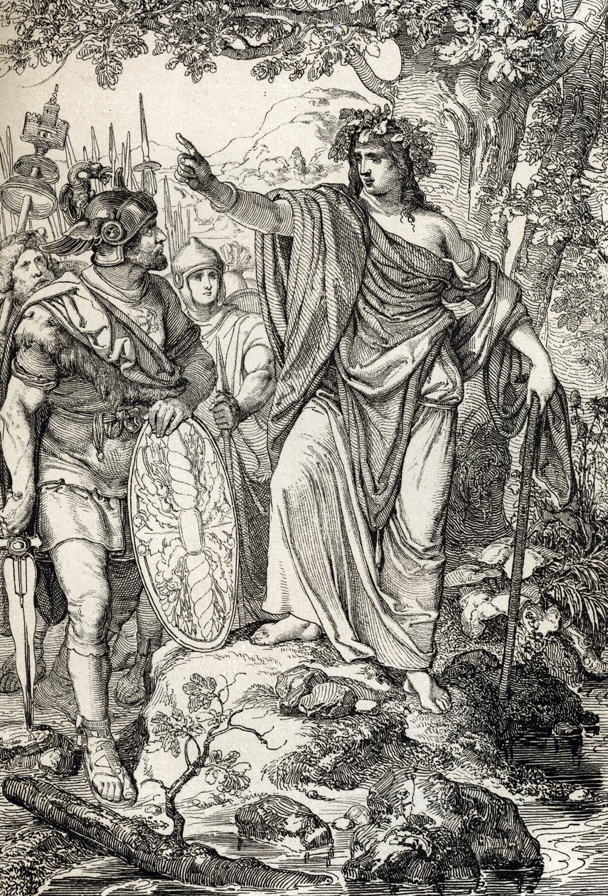 Campagnes de Germanicus : « Nero Claudius Drusus Germanicus (38-9 av. J.-C.) et son armée rencontrent une jeune femme dans les régions entre les rivières Weser et Elbe, vers 12 av. J.-C. » - Peter Johann Nepomuck Geiger