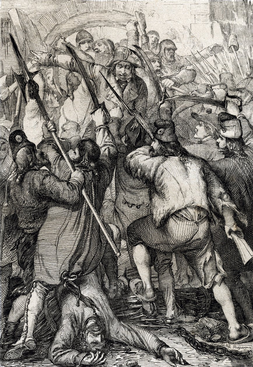 Révolution française : Le peuple armé et furieux entrant par le pont-levis et assassinant la garnison et le gouverneur lors de la prise de la Bastille - Peter Johann Nepomuck Geiger