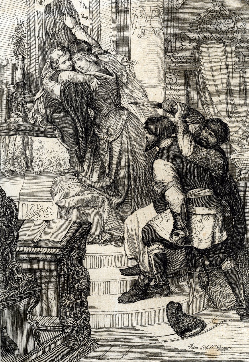 Révolte de Moscou de 1682 : La tsarine Natalia Narychkina protégeant son fils le prince Pierre (1672-1725) des attaques des streltsy, Russie - Peter Johann Nepomuck Geiger