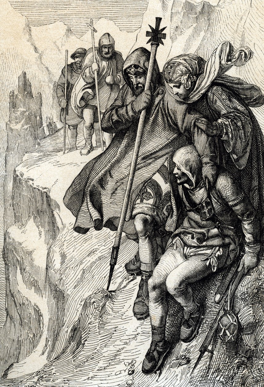 Le roi des Romains Henri IV passant le col du Mont-Cenis pour traverser les Alpes et se rendre chez la comtesse Mathilde de Toscane à Canossa où se trouve le pape Grégoire VII, janvier 1077 - Peter Johann Nepomuck Geiger