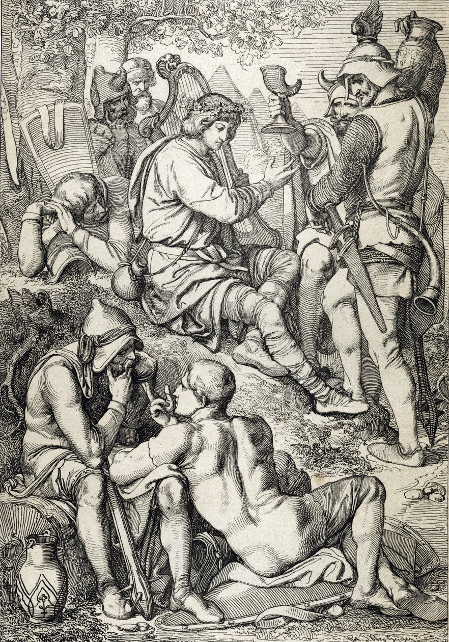 Guerre contre les Vikings : « Le roi de Wessex Alfred Ier le Grand (846-899) déguisé en harpiste entre dans le camp de Guthrum pour dérober ses plans de bataille, Somerset 878 - Peter Johann Nepomuck Geiger