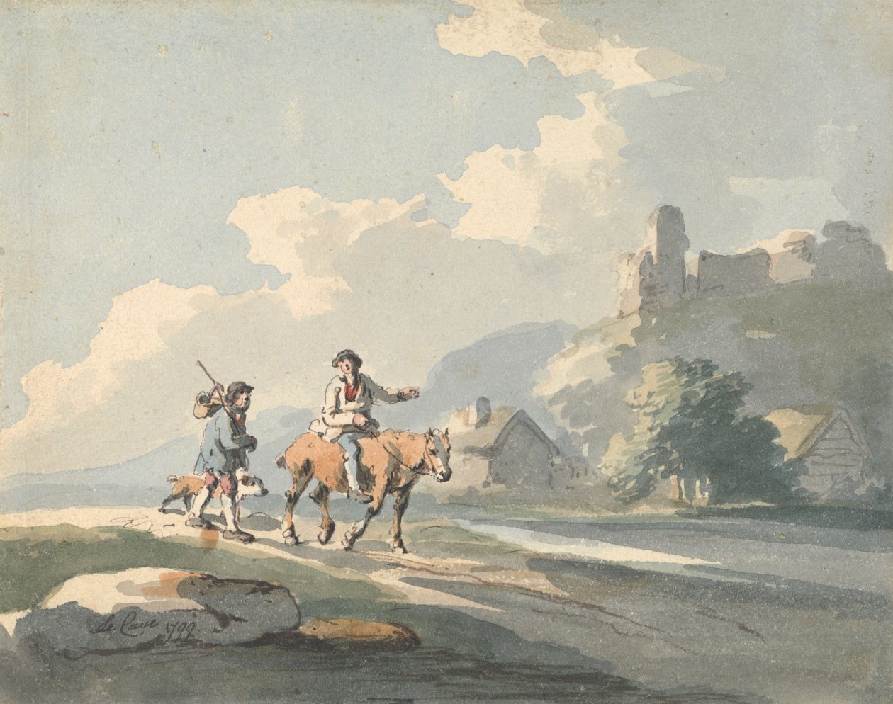 Composition : deux voyageurs et un chien sur une route passant devant des cottages, avec des ruines sur une colline - Peter La Cave