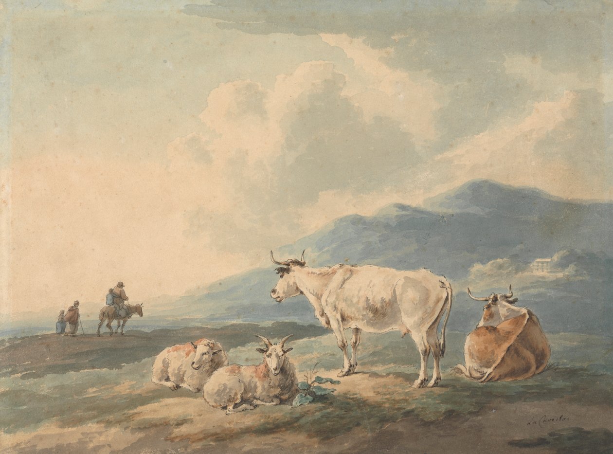 Paysage de montagne : avec vaches et chèvres au premier plan et personnages à gauche - Peter La Cave