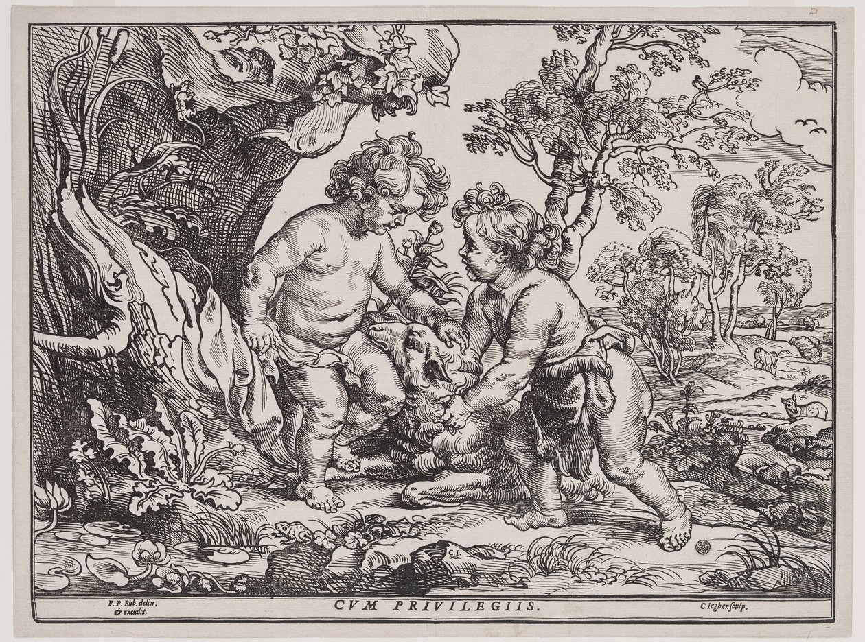 Enfant Jésus et Saint Jean jouant avec un agneau, gravure de Christoffel Jegher (1596-1653), après 1632 - Peter Paul (after) Rubens