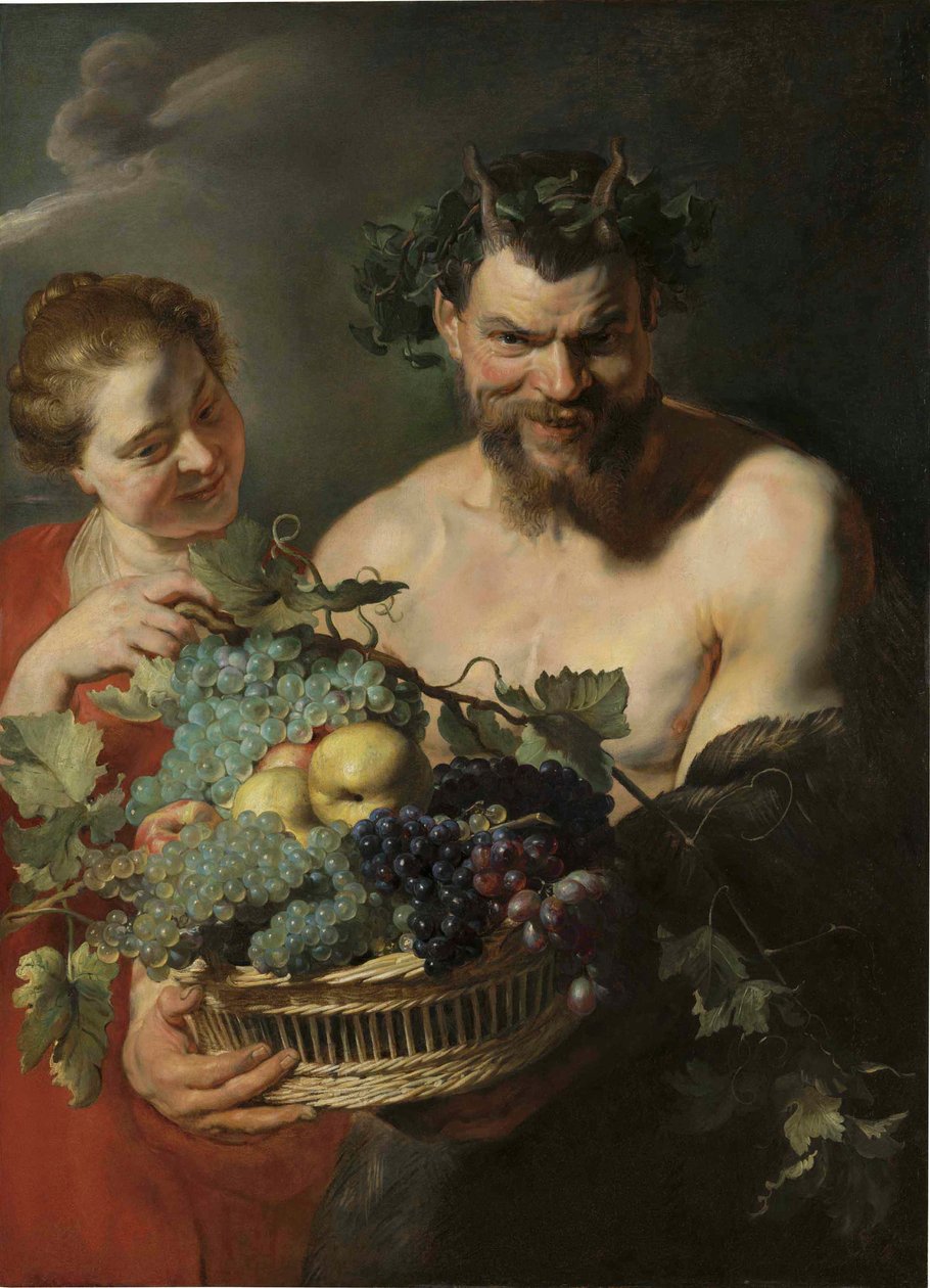 Un satyre tenant un panier de raisins et de coings avec une nymphe, par Peter Paul Rubens - Peter Paul Rubens