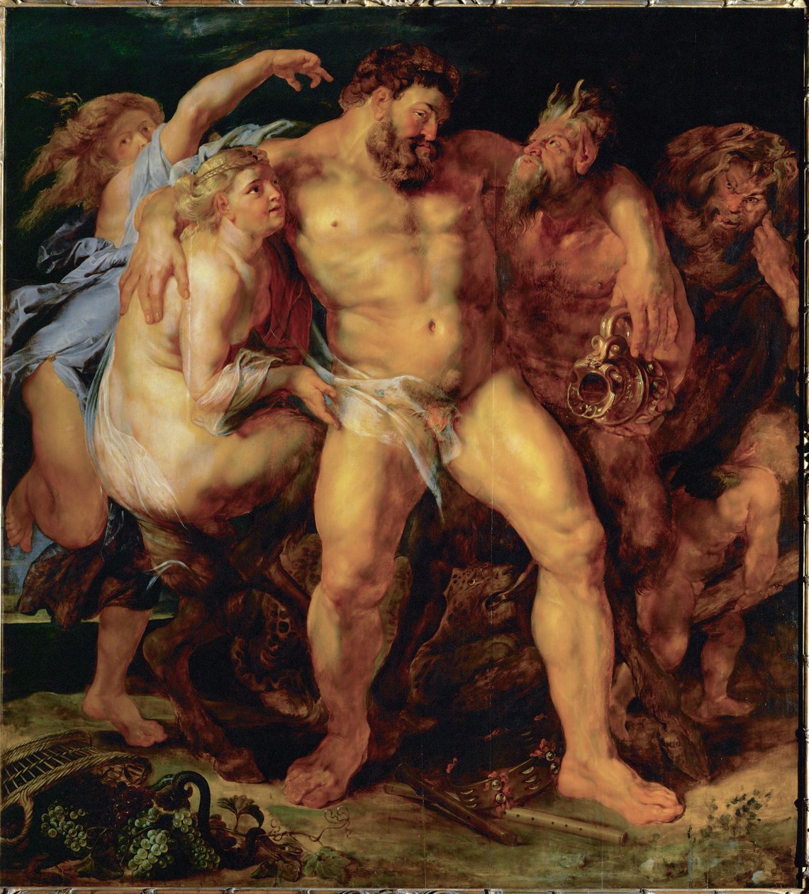Hercule, ivre, conduit par une nymphe et un satyre, vers 1612-14 (peinture sur bois de chêne) - Peter Paul Rubens