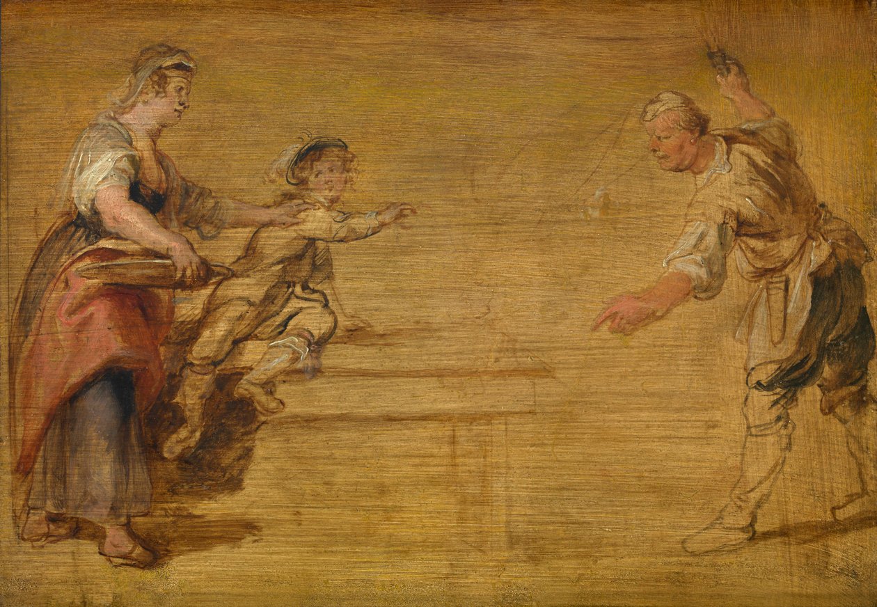 Servante de cuisine, boucher et garçon autour d