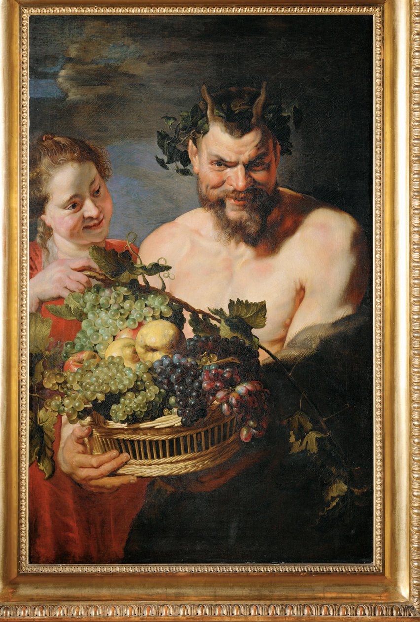 Maenad et satyre avec une corbeille de fruits (peinture sur toile) - Peter Paul Rubens