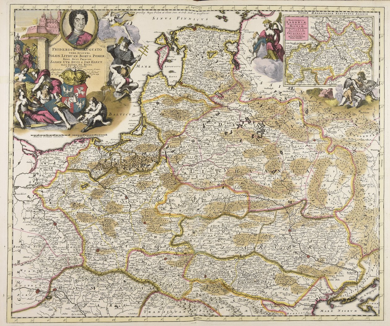 Frideric Augustus cousin Augustus Polon. Lituanien. Borus. Pomer. rois ducs princes Saxon. Utr. ducs S. Imp. elect. haec imperii sui regna D.D.D. P. Schenkius sculpt. regius Amstelodami exc. prope forum - Peter Schenk the Elder