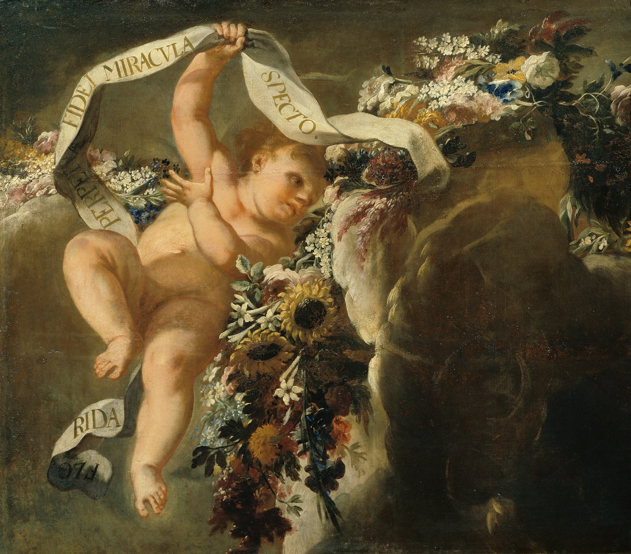 Putto avec guirlande de fleurs et banderole - Peter Strudel