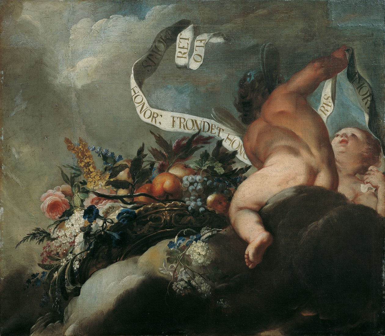 Deux putti avec des fleurs, des fruits et une banderole - Peter Strudel