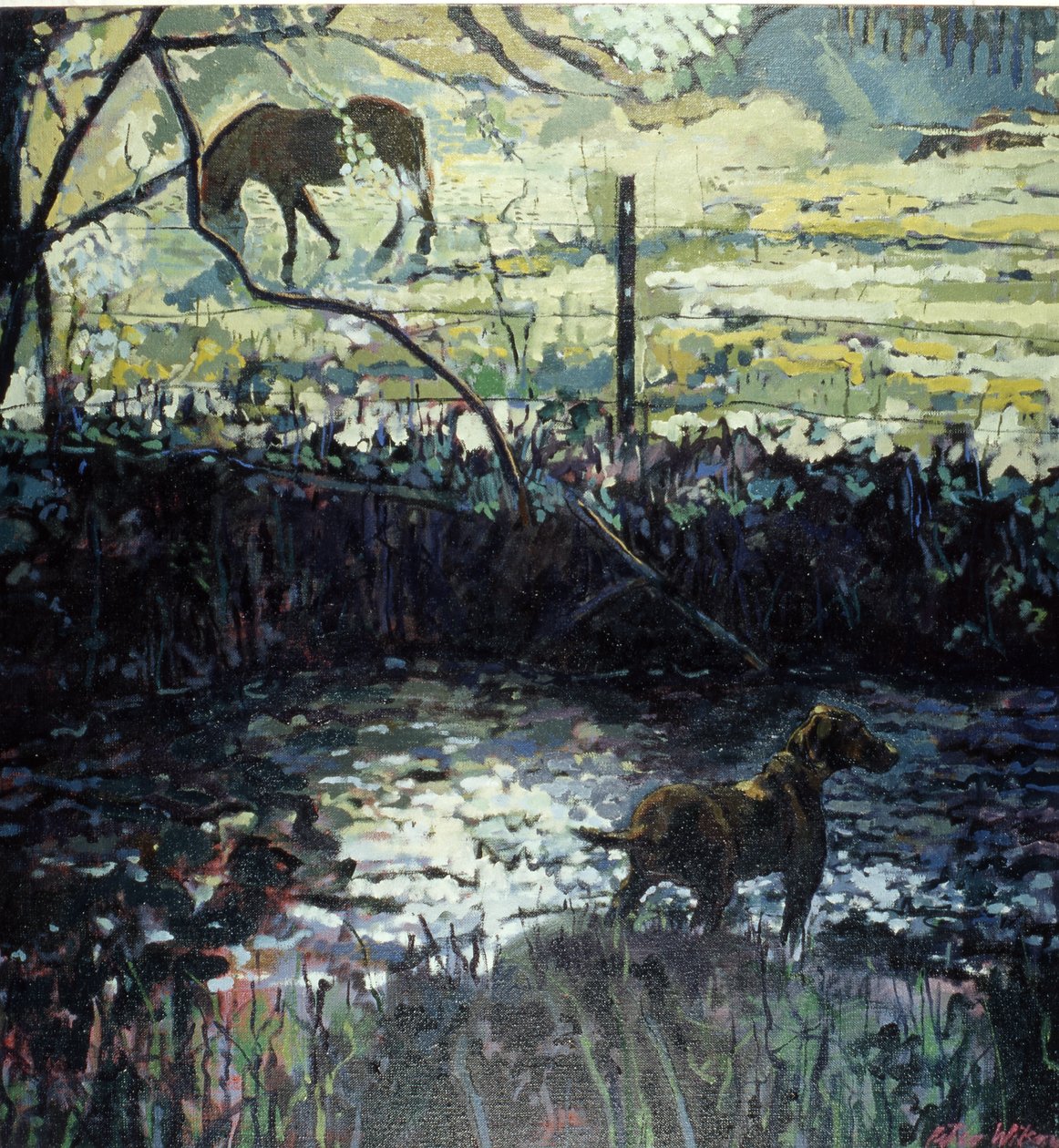 Poney et chien dans un champ, 2000 (huile sur toile) - Peter Wilson