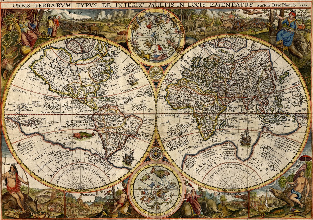 Orbis Terrarum Typus... (Carte du monde à double hémisphère) - Petrus & Doetichum Jan van younger Plancius