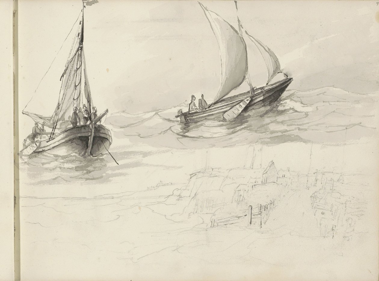 Deux voiliers avec des personnages en mer - Petrus Johannes Schotel (circle of)