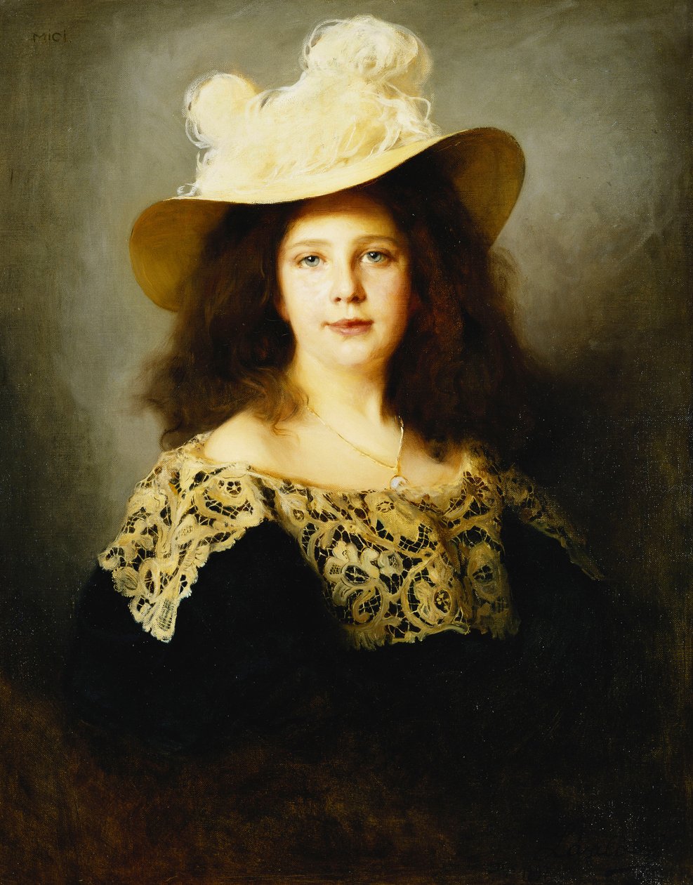 Portrait de Mici Lukacs, 10 ans, portant une robe bleu foncé avec col en dentelle - Philip Alexius de Laszlo