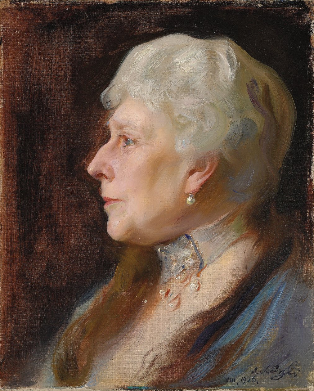 Portrait de la princesse Henry de Battenberg, née princesse Béatrice de Grande-Bretagne, de profil à gauche, portant un collier et des boucles d