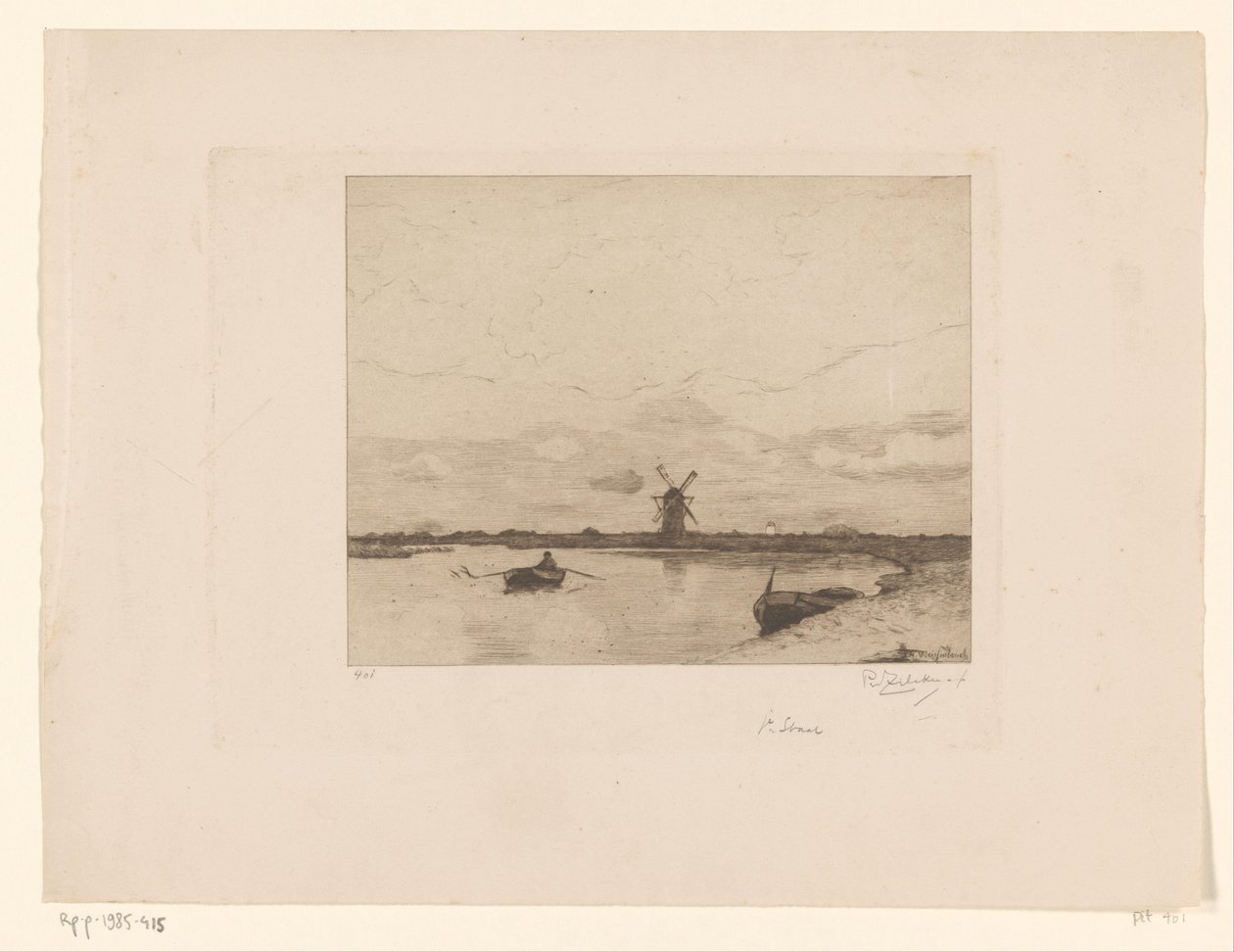 Canal avec barque dans un paysage de prairie avec moulin - Philip Zilcken (signed by artist)