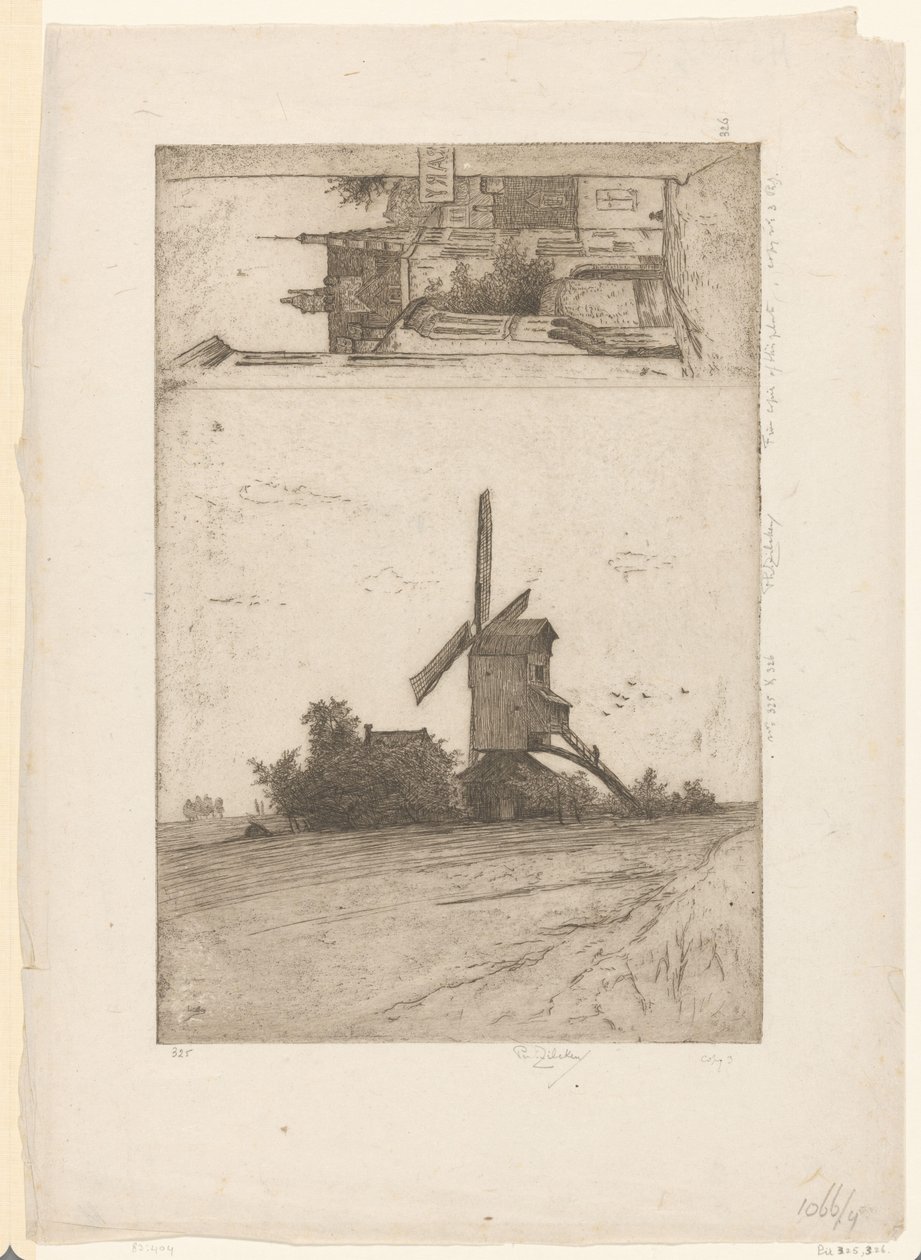 Moulin dans un paysage de prairie et vue sur la rue Ravenstein à Bruxelles