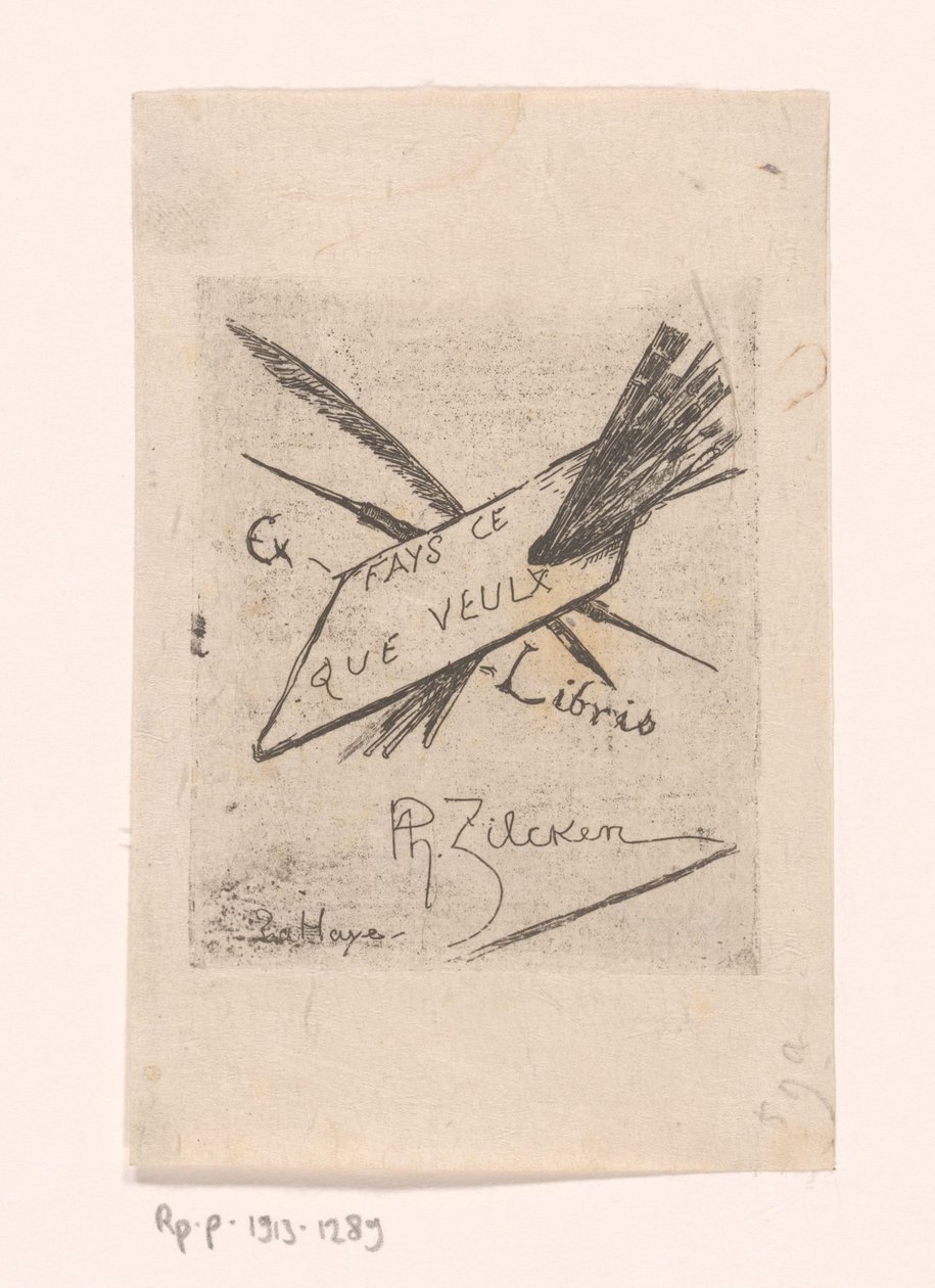 Ex libris avec plumes, pinceaux et palette - Philip Zilcken