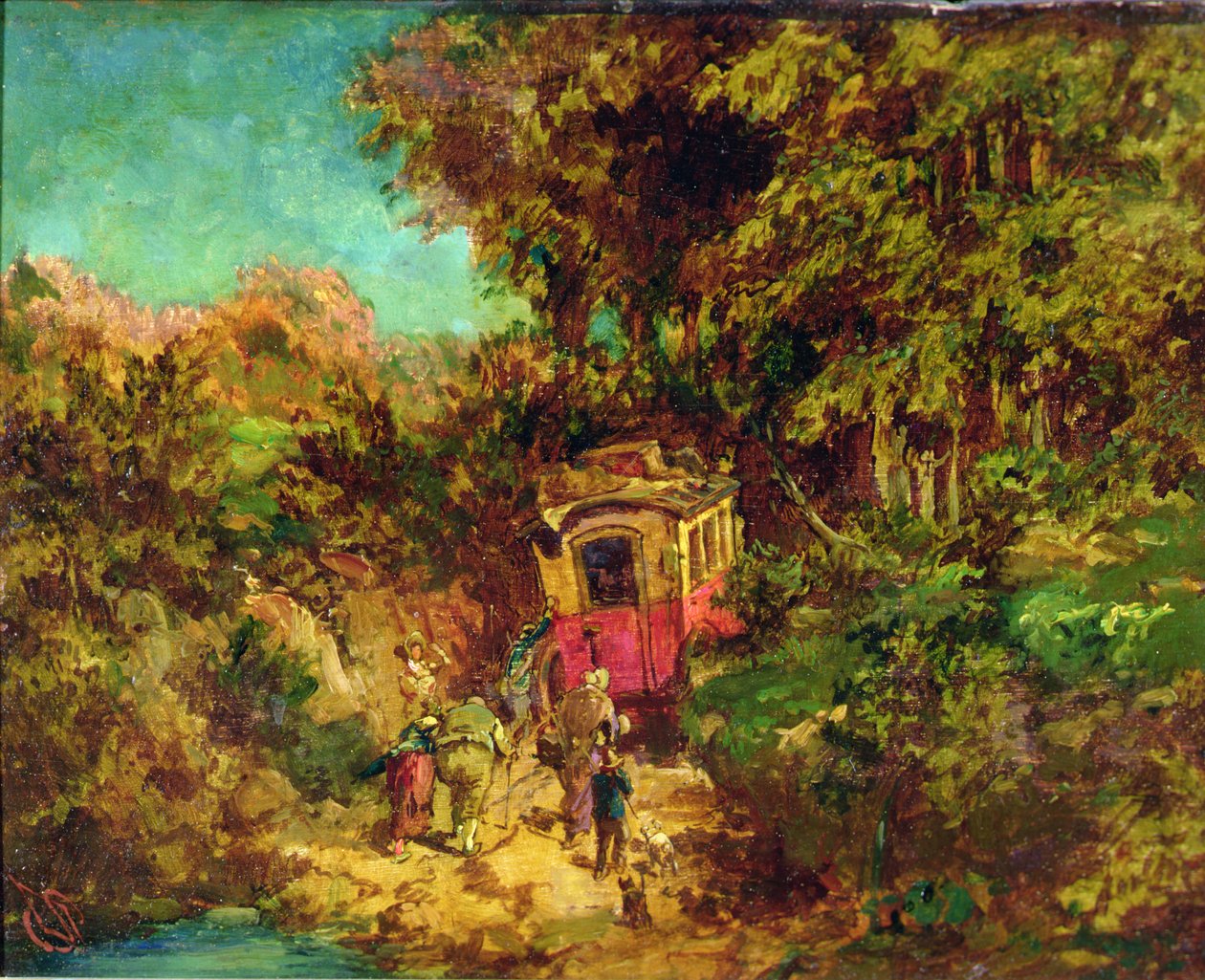 Stagecoach in the Ravine (huile sur panneau) - Philipp Sporrer