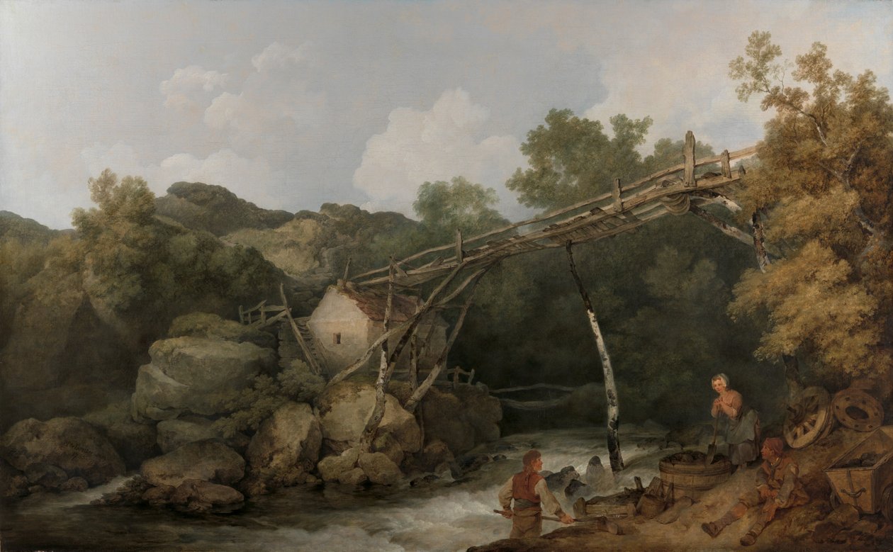 Vue près de Matlock, Derbyshire avec des figures travaillant sous un convoyeur en bois - Philippe-Jacques de Loutherbourg