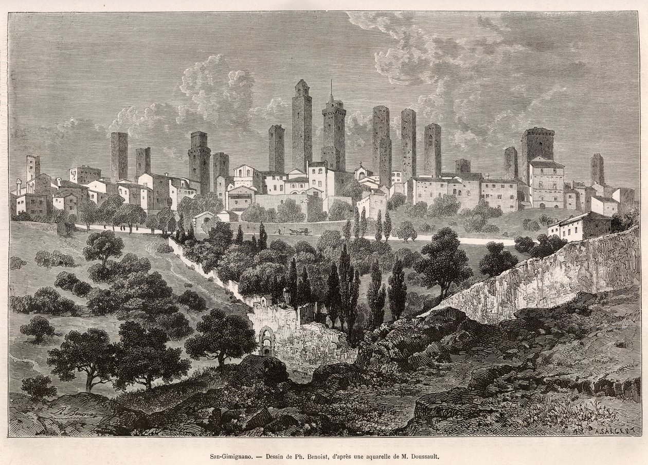 Vue de San Gimignano (Toscane, Italie). Gravure d