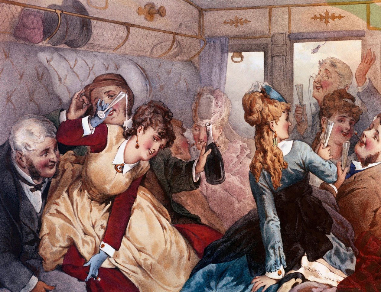 Le Train de Plaisir Un groupe de bourgeois buvant et se divertissant dans un wagon. Lithographie par Philippe Jacques Linder - Philippe Jacques Linder