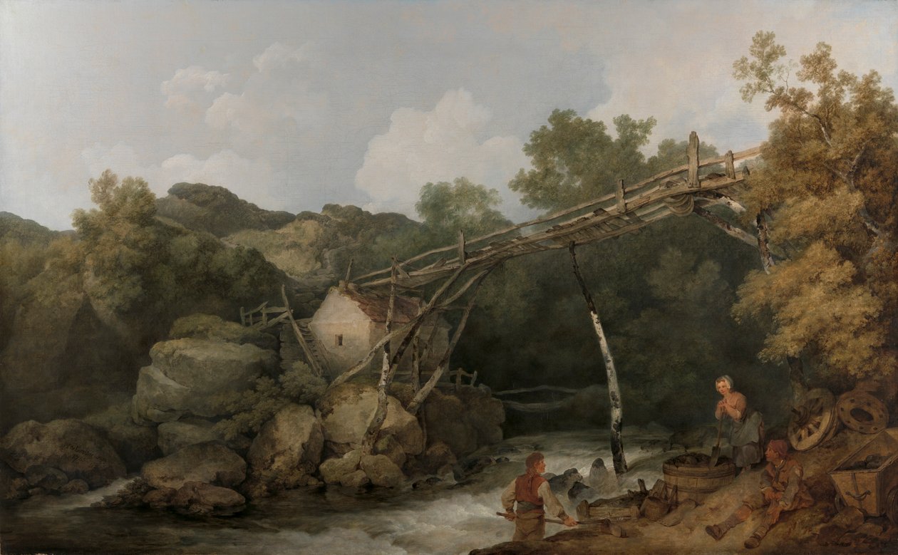 Vue près de Matlock, Derbyshire avec des figures travaillant sous un convoyeur en bois - Philippe Jacques de Loutherbourg