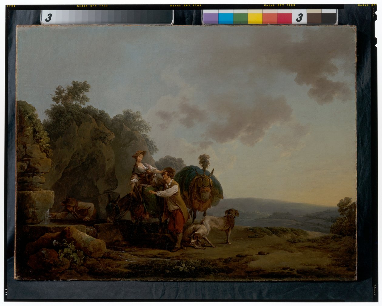 Voyageurs avec des chiens et des mules lourdement chargées à un puits - Philippe Jacques de Loutherbourg