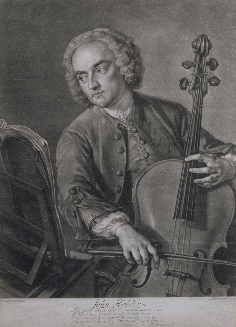 Porträt von John Hebden (fl.1740-60), ein Cellist im Orchester von Händel, graviert von John Faber (1684-1756), 1741 von Philippe Mercier