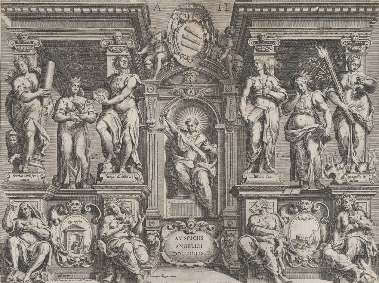 Thèse allégorique avec diverses figures, dans une structure architecturale, 1608 - Philippe Thomassin