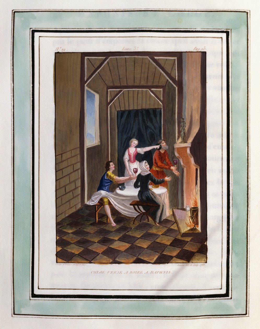 Chloé verse à boire à Daphnis. Dessin de Philippe d
