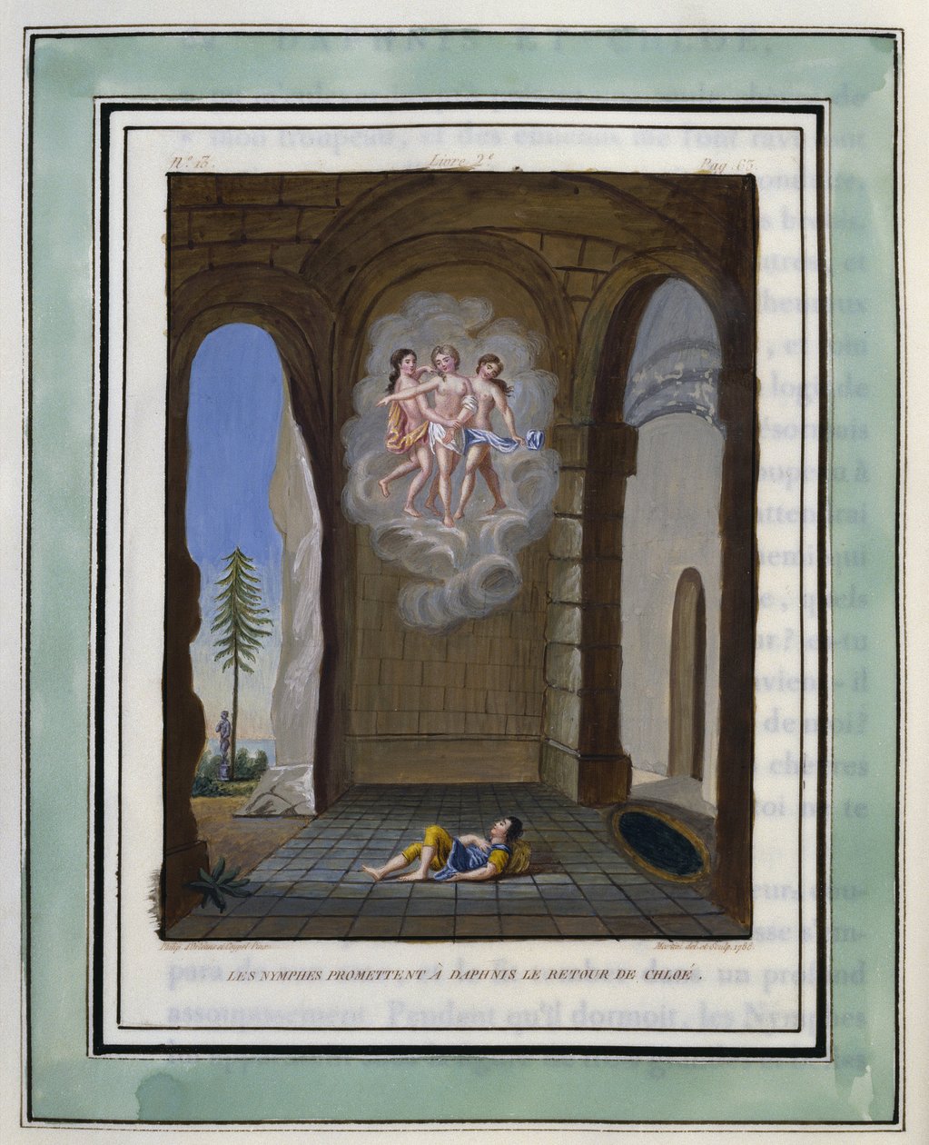 Les nymphes promettent à Daphnis le retour de Chloé. Dessin de Philippe d