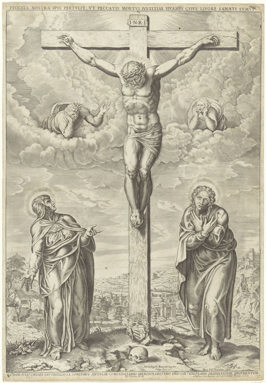 Christ en croix flanqué de Marie et Jean dans un paysage - Philippe de Soye