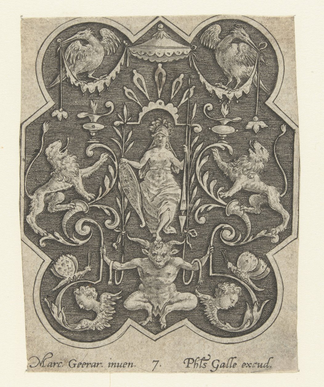 Gehelmde vrouw met schild en speer - Philips Galle