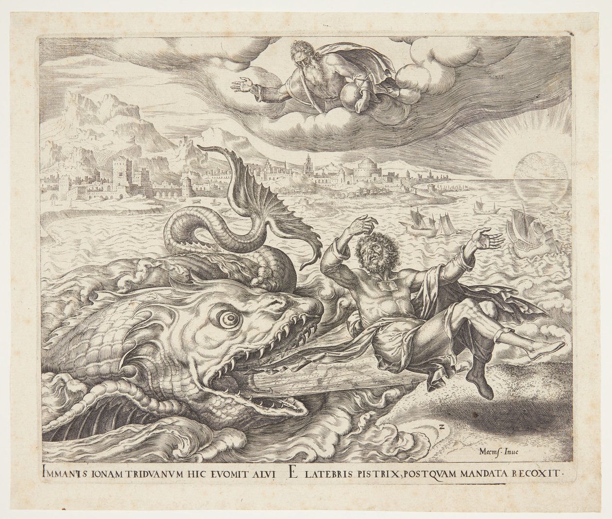 Jonas rejeté sur le rivage par la baleine - Philips Galle