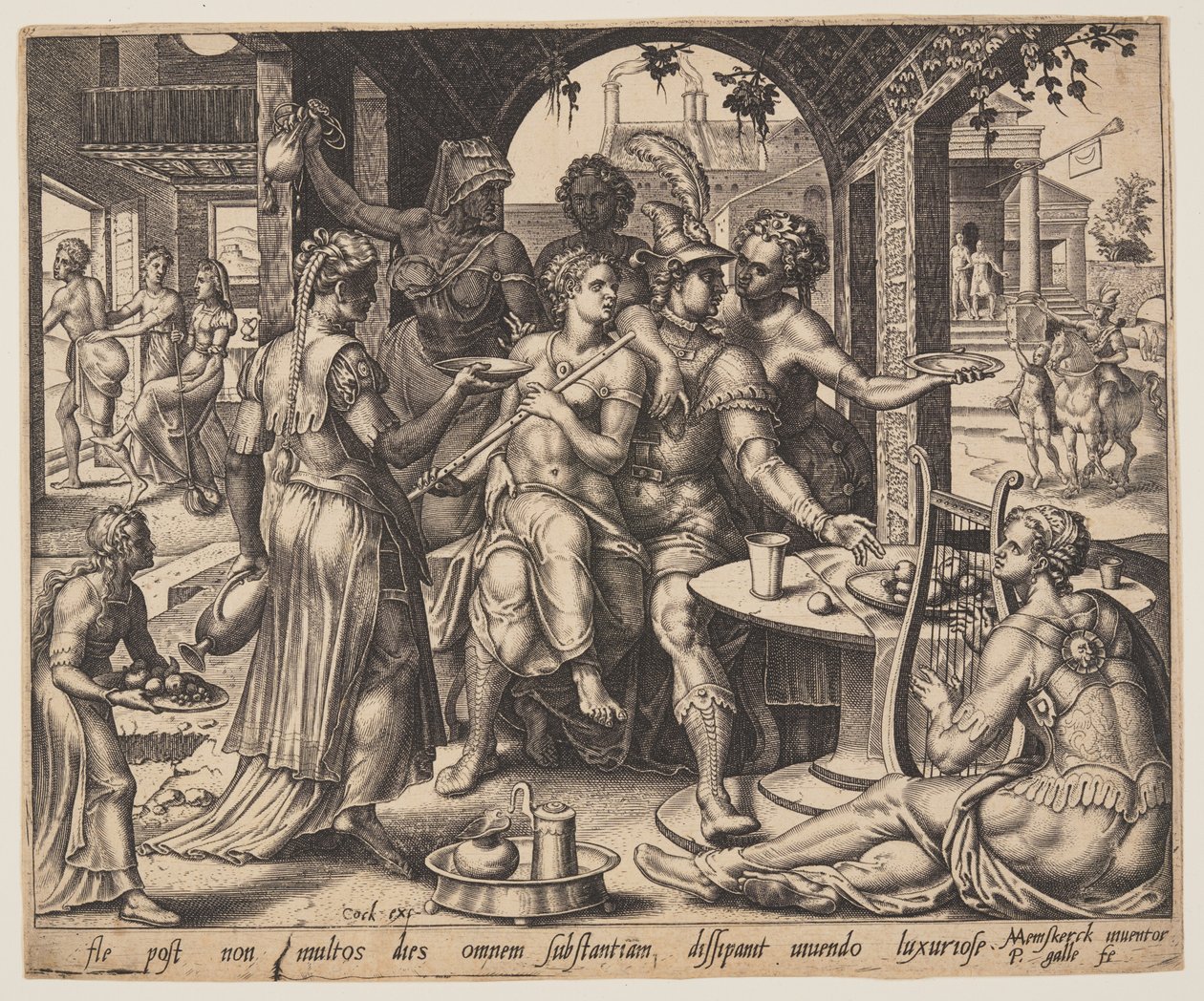 Le fils prodigue dilapide son héritage en se prostituant, extrait de la parabole du fils prodigue - Philips Galle